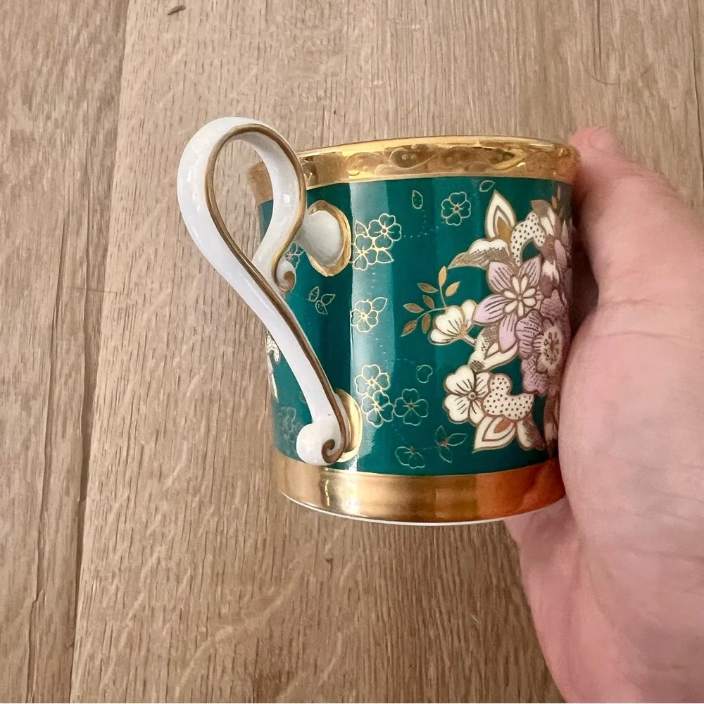 Hankook Super Bone‎ China Tea Coffee Cup, Green Pink Flower Gold Trim Vtg NWT
